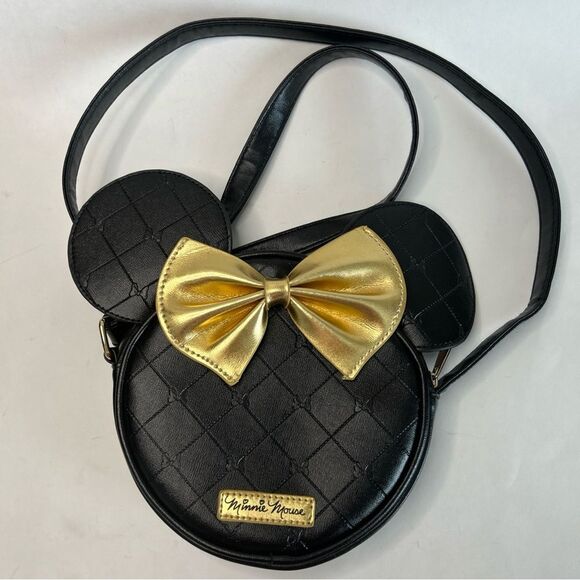 DISNEY Minnie Mouse CrossBody Black Quilted Round Purse W Black Ears & Gold Bow - Picture 1 of 7